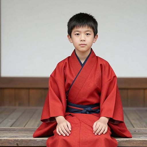 Photograph of a young Asian boy with short black hair, wearing a red kimono with a black obi, sitting on wooden steps against a white