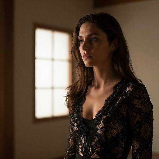 Contemplative Woman in Black Lace Top