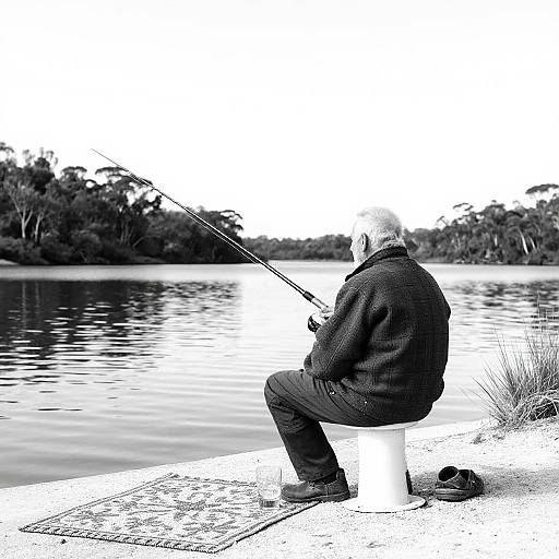 Old Man Fishing by Tasmanian Lake