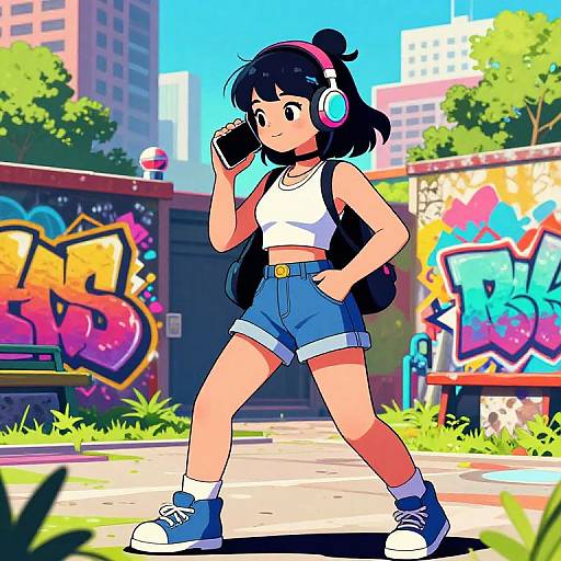 Anime-style digital drawing of a young girl with black hair, wearing headphones, white crop top, denim shorts, blue sneakers, and blue socks, walking