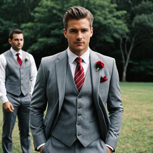 Handsome Groom in Grey Three-Piece Suit Outdoors