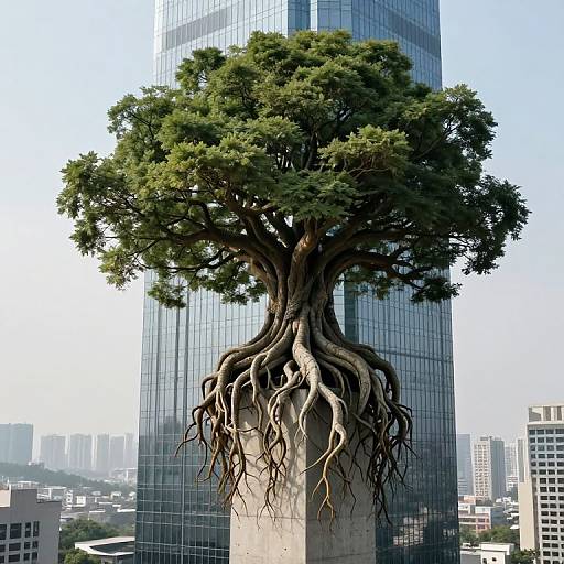 Photograph of a large tree with exposed, sprawling roots, growing from a concrete pedestal in front of a tall, reflective glass skyscraper in an urban
