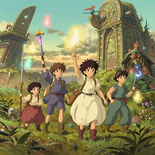 Anime-style digital illustration of four siblings with magical weapons in a vibrant, sunlit fantasy landscape with ruins and magical creatures.
