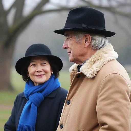 Photograph of elderly Asian couple in black hats and winter coats, with the man in a beige coat and woman in blue scarf, smiling outdoors on a