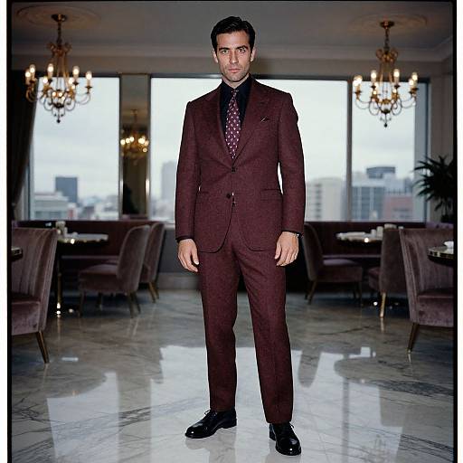 Confident Man in Maroon Tweed Suit
