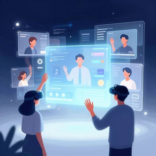Digital illustration of two people in VR headsets interacting with holographic interface displaying multiple transparent, glowing screens with virtual avatars.