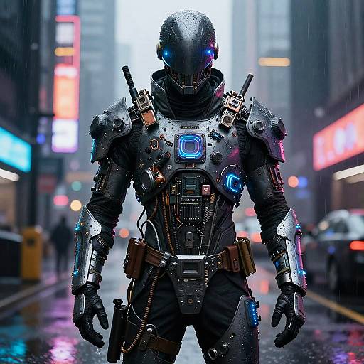 Cyberpunk street scene: futuristic armored soldier with glowing blue visor and chest light, standing in rain-soaked city, neon lights glowing in background