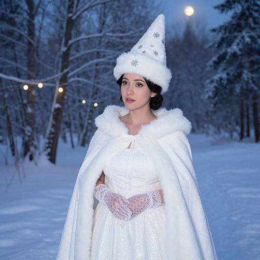 Photograph of a fair-skinned woman with dark hair in a white snowflake hat and fur-trimmed cloak, standing in a snowy forest at