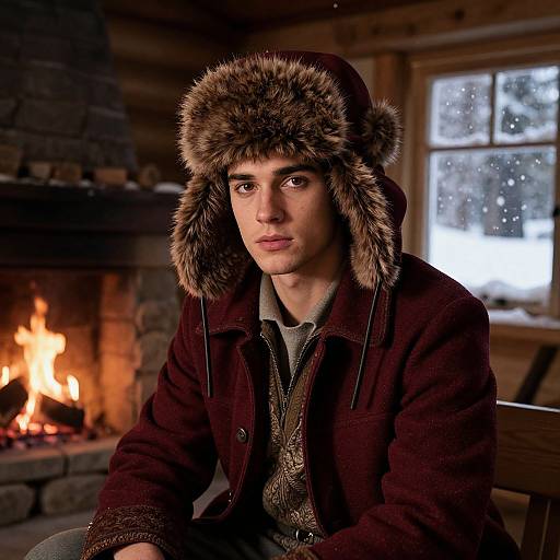 Photograph of a young man with fair skin and dark eyes, wearing a fur-lined hooded coat, sitting by a glowing fireplace in a rustic wooden