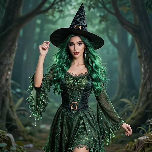 Digital artwork of a green-haired witch in a black, pointed hat and green dress with lace and leaf accents, standing in a mystical, foggy forest