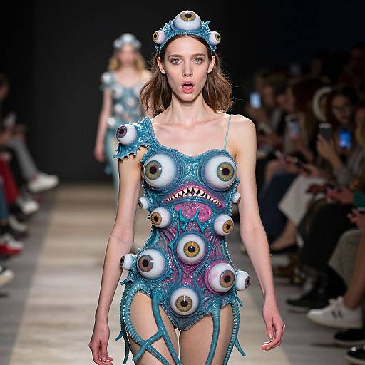 Photograph of a slender female model on a runway, wearing a blue, eye-themed, surreal costume with multiple eye designs and sharp teeth, in a