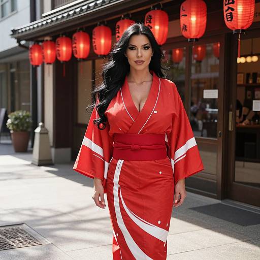 Photograph of a confident woman with long black hair, wearing a vibrant red kimono with white stripes, walking on a sunlit street with red lantern