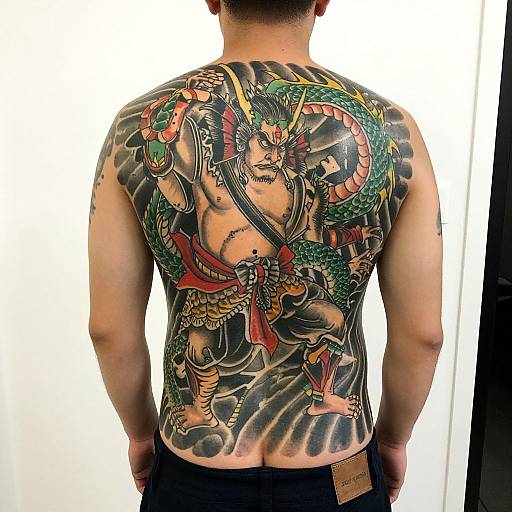 Photograph of a muscular man with a back tattoo of a fierce, green dragon and samurai warrior in traditional Japanese style.