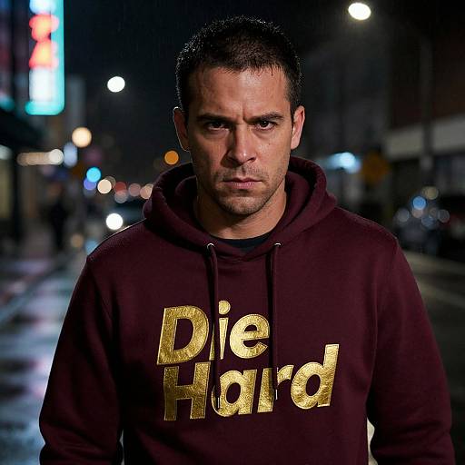 Photograph of a serious-looking man with short dark hair, wearing a maroon hoodie with 