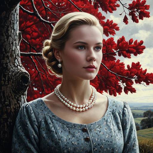 Elegant Woman Portrait with Red Tree Background