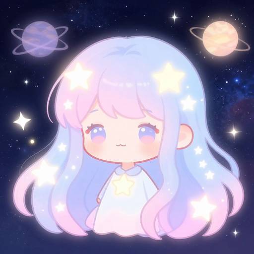 Chibi-style digital drawing of a glowing, blue-haired girl with large, sparkling eyes, wearing a white shirt, set against a starry, cosmic