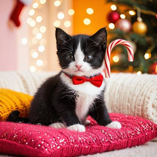 Tuxedo kitten with red bow tie and candy cane