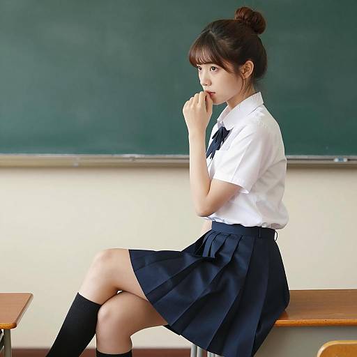 Asian Schoolgirl Sitting on Desk