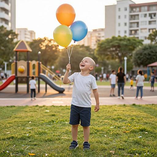 Photograph of a young boy with a shaved head, laughing, holding three colorful balloons (orange, yellow, blue) in a sunlit urban park