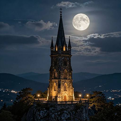 Gothic Tower Under Full Moon