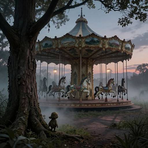 A mystical, vintage carousel with ornate, horse-riding decorations sits under a twilight sky, surrounded by mist and a large tree. A small,
