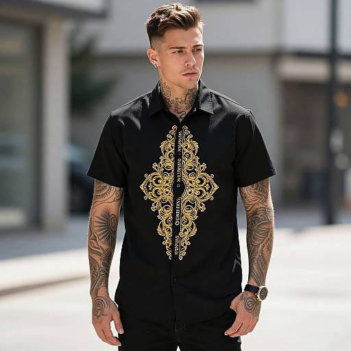Photograph of a tattooed, short-haired man in a black shirt with intricate gold embroidery, standing outdoors in bright sunlight.