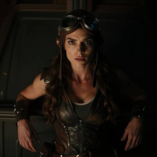 Photograph of a serious, dark-haired woman with aviator goggles on her head, wearing a black leather vest and black tank top, set against a
