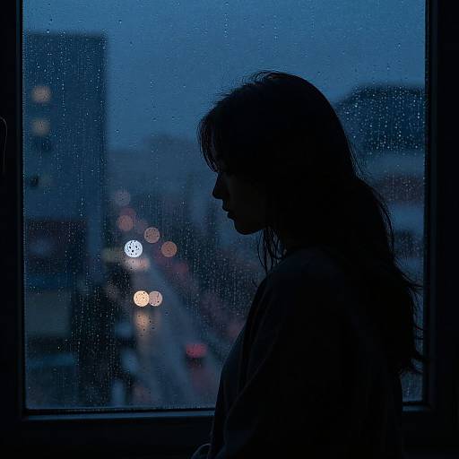 Silhouetted woman with long hair standing by a rainy window at night, city lights blurred in the background. Photograph.