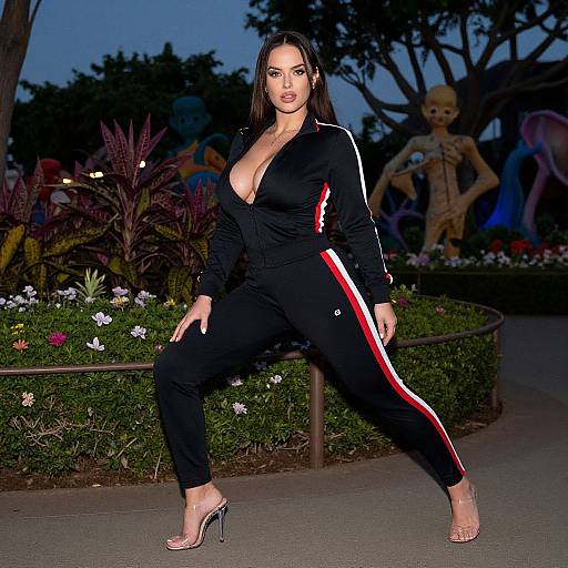 Photograph of a brunette woman with fair skin, wearing a deep V-neck black tracksuit with red stripes, clear high heels, sitting on a bench