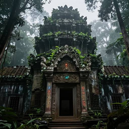 Photograph of a moss-covered, ancient Indonesian temple with intricate carvings, colorful symbols, and lush tropical forest in the background.