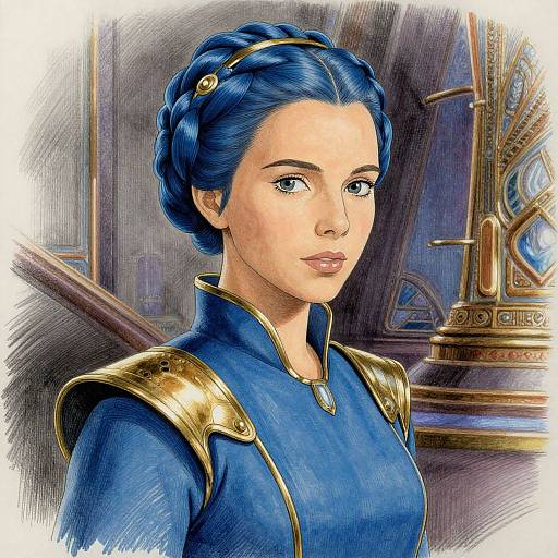 Digital illustration of a fair-skinned woman with blue braided hair, wearing a blue and gold medieval-style armor dress, standing in a grand, orn