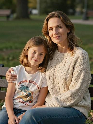 Mother and Daughter Relaxing on Park Bench