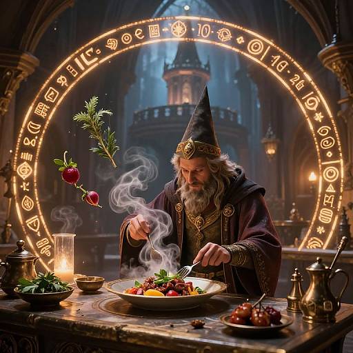 Magical wizard in dark robes, pointed hat, conjuring smoke and cherry with glowing runes circle, feasting in medieval castle. Digital art.