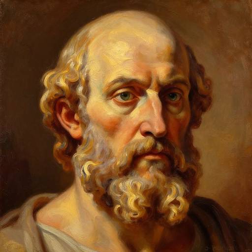 Digital painting of a bald, middle-aged man with curly, gray beard and mustache, intense green eyes, and warm, brown-toned background.