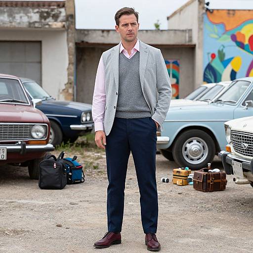 Photograph of a handsome man in a gray vest, white shirt, and dark pants, standing confidently between vintage cars in an urban, graffiti-covered parking