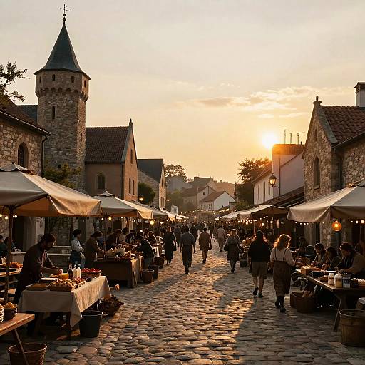 Medieval Harbor Marketplace at Sunset