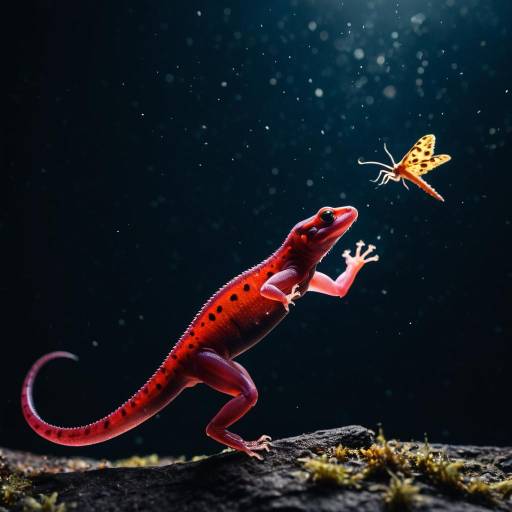 Ruby Salamander Leaping to Catch Glowing Moth Ruby Salamander Leaping to Catch Glowing Moth