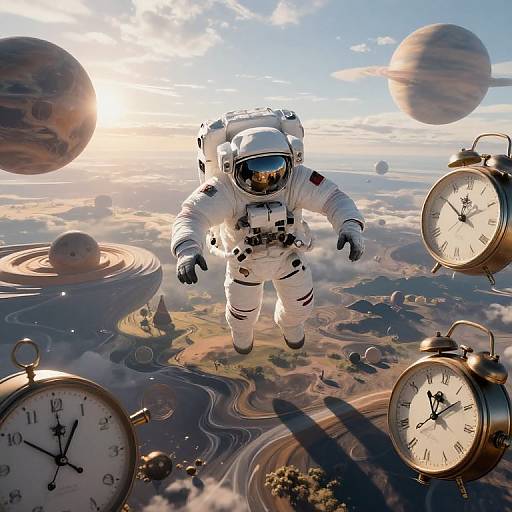 Photorealistic digital art of an astronaut in a white spacesuit floating above a surreal, clock-filled planet landscape with floating planets and sun.