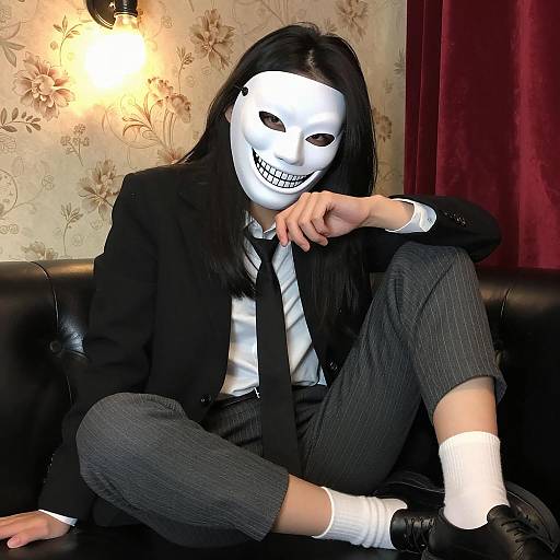 Person in White Grinning Mask Sitting on Black Leather Sofa