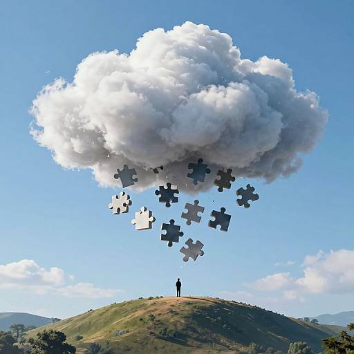 Digital art: Silhouette of person standing on hill, under large white cloud with falling puzzle pieces in bright blue sky.