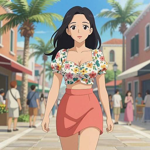 Anime-style drawing of a young woman with black hair, floral crop top, and pink skirt, walking in a sunny, palm-tree-lined street.