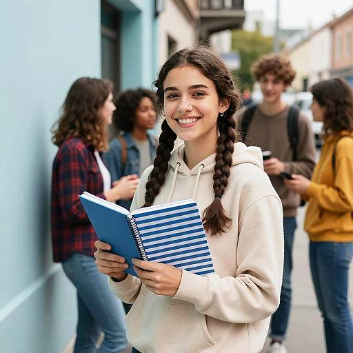 Smiling Young Woman with Notebook on City Street