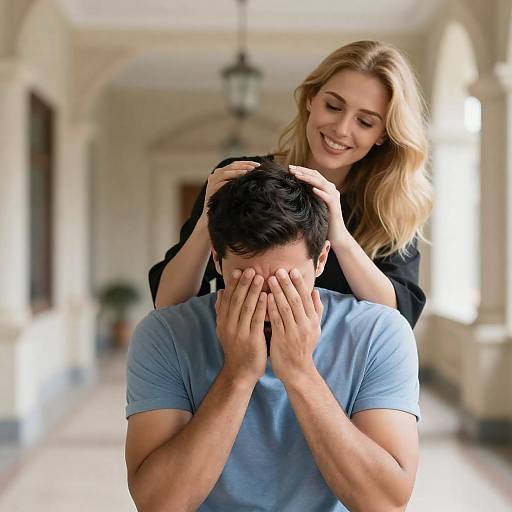 Distressed Man Comforted in Ornate Hallway