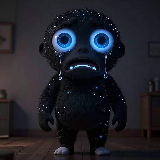 Digital CGI of a dark, furry, teary-eyed creature with glowing blue eyes and tears, standing in a dimly lit room.