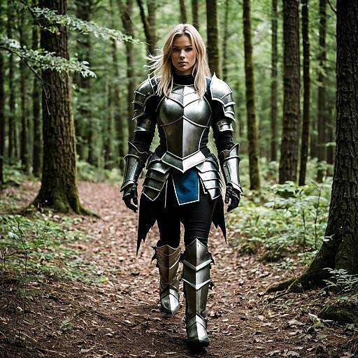 Woman in Gleaming Armor Walking in Forest