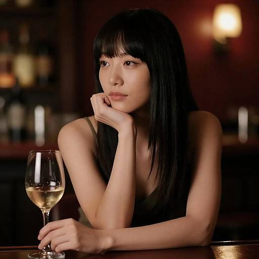 Pensive Asian Woman at Dimly Lit Bar