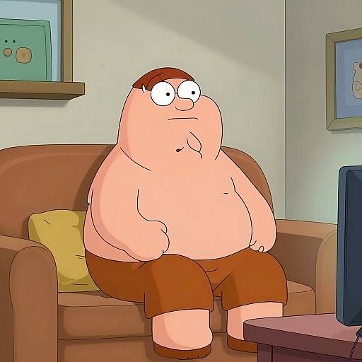 Cartoon-style image of a chubby, shirtless man with red hair and brown shorts sitting on a brown couch in a living room.