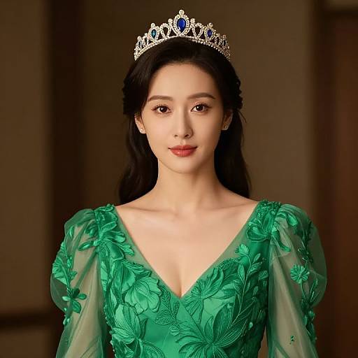 Woman in Floral Green Dress with Crown