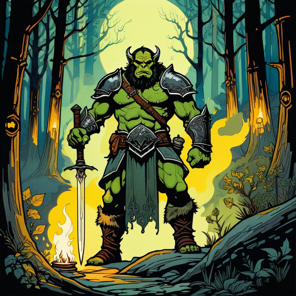 Orc Warrior in Medieval Forest Illustration