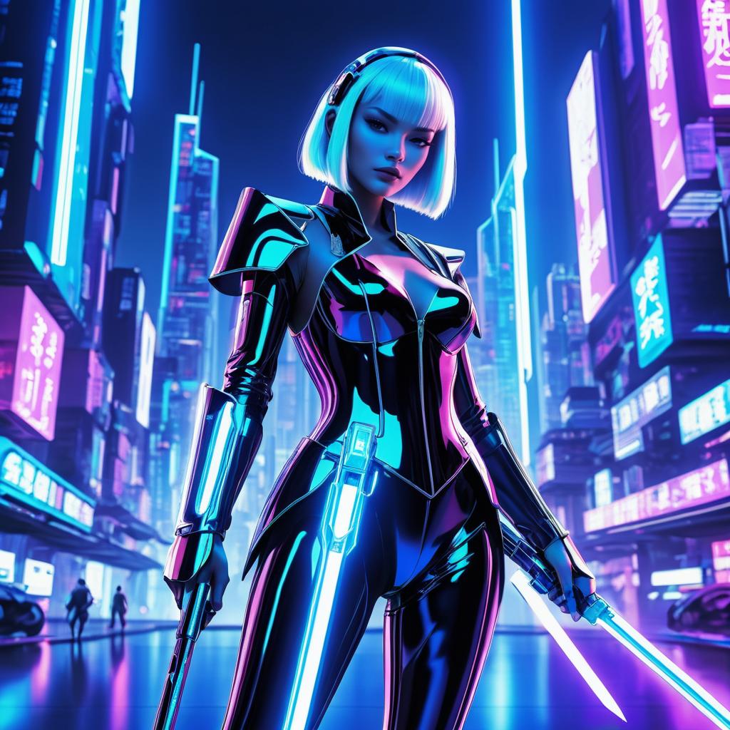 Futuristic Android in Neon Cyberpunk City